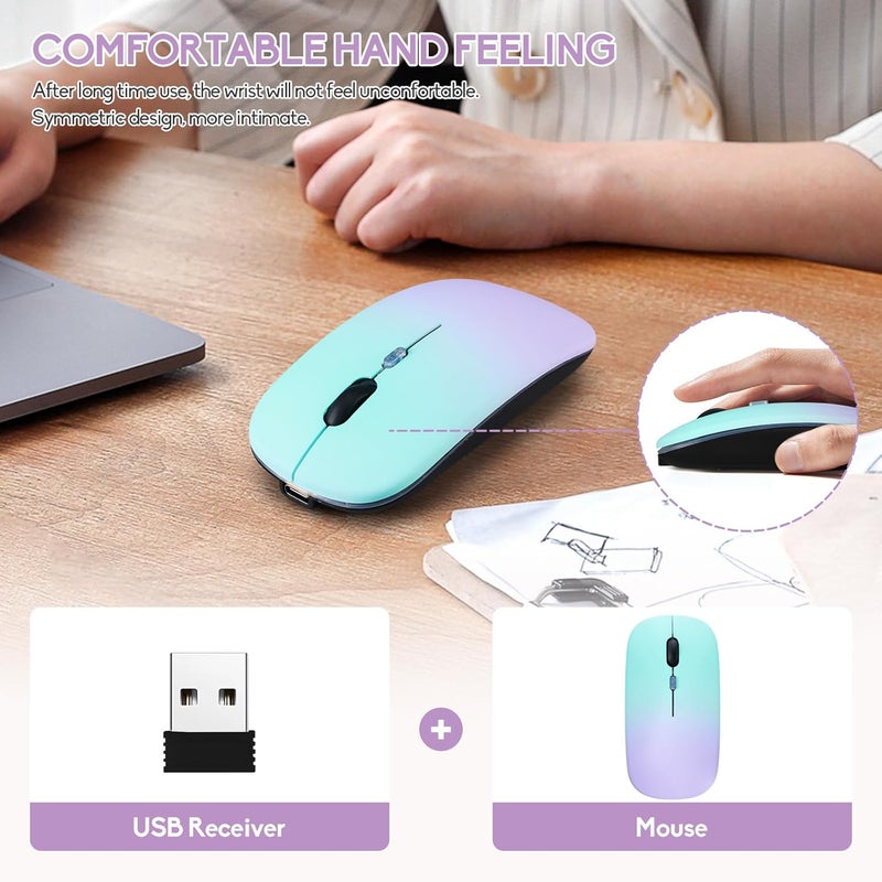 Guiheng Wireless Bluetooth Mouse,LED Dual Mode Rechargeable Silent Slim Laptop Mouse,Portable(BT5.2+USB Receiver) Dual Mode Computer Mice,for Laptop,Desktop Computer,ipad Tablet,Phone,Mac(Green purple) - Image 3